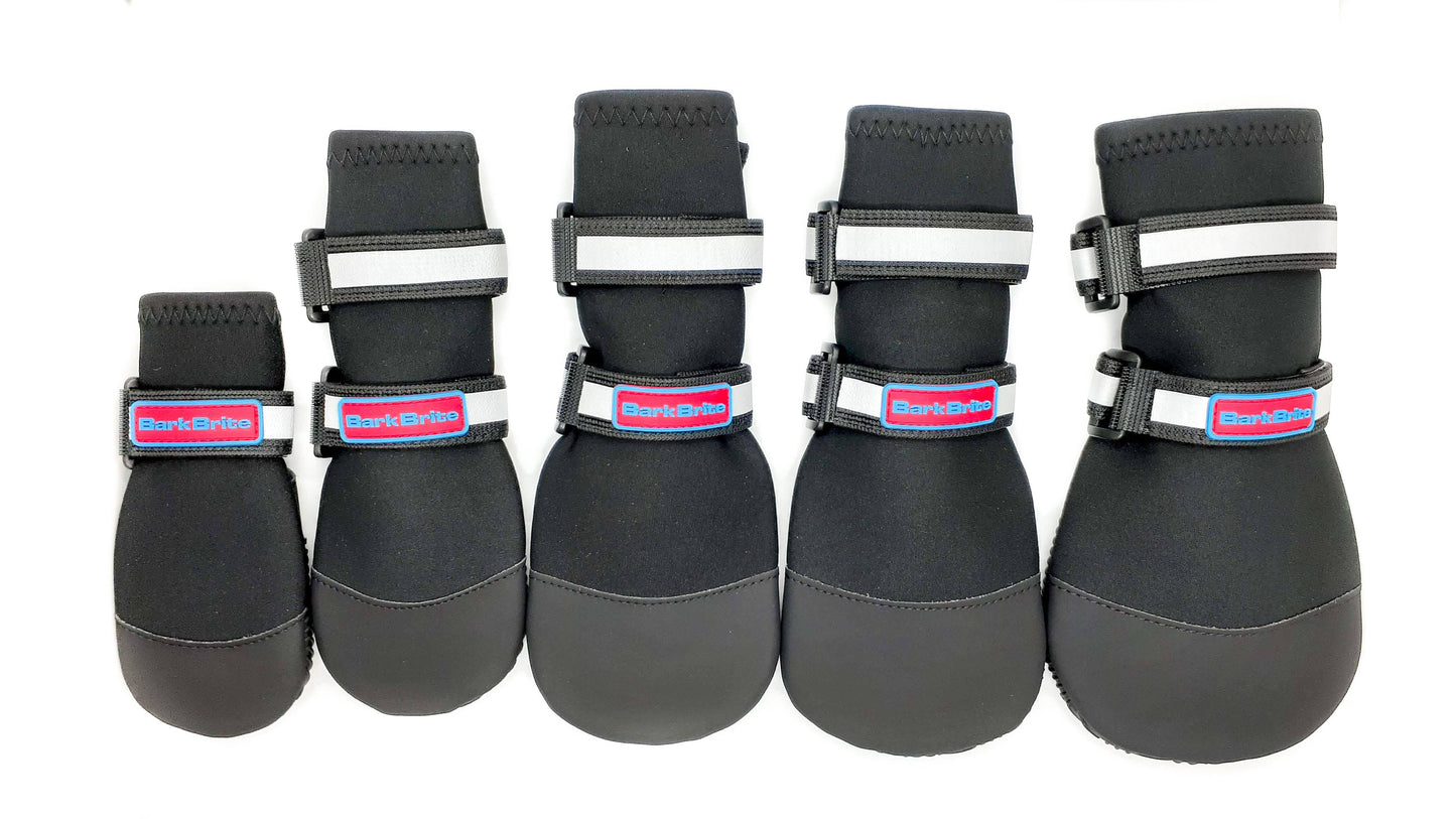 Close-up of Bark Brite neoprene dog booties on paws