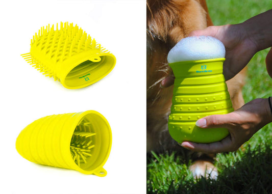 Dog paw cleaning with Bark Brite scrubber and bath brush