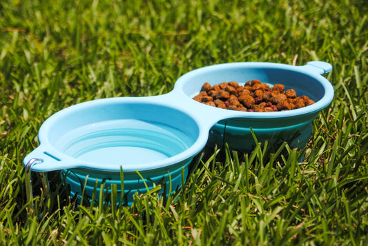 Foldable Bark Brite collapsible dog bowl with two sections