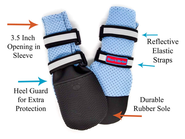Dog wearing Bark Brite neoprene booties outdoors