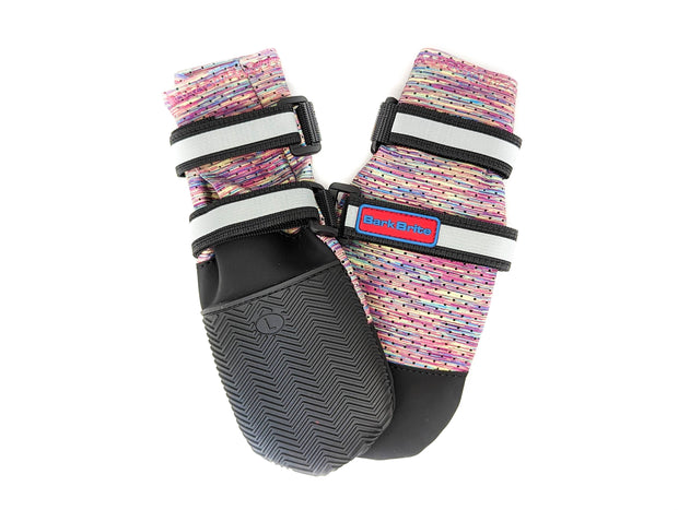 Close-up of Bark Brite neoprene boots on dog’s paws